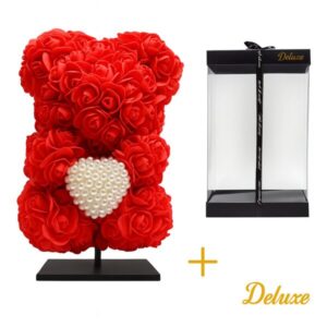 Beer DELUXE op standaard 25cm - rood foam met diamanten hart - in luxe cadeauverpakking 25 cm